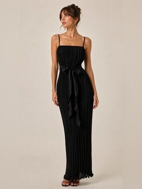 Vintage 80s 90s Jeanne Marc Black Plisse Pleated Maxi Dress Sash XS 4/6 USA